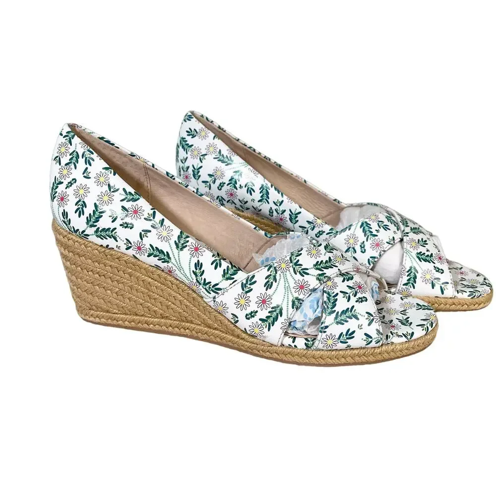 Jack Rogers Palmer Espadrille Wedge 9.5M White Daisy Leather Boho Summer NWOT